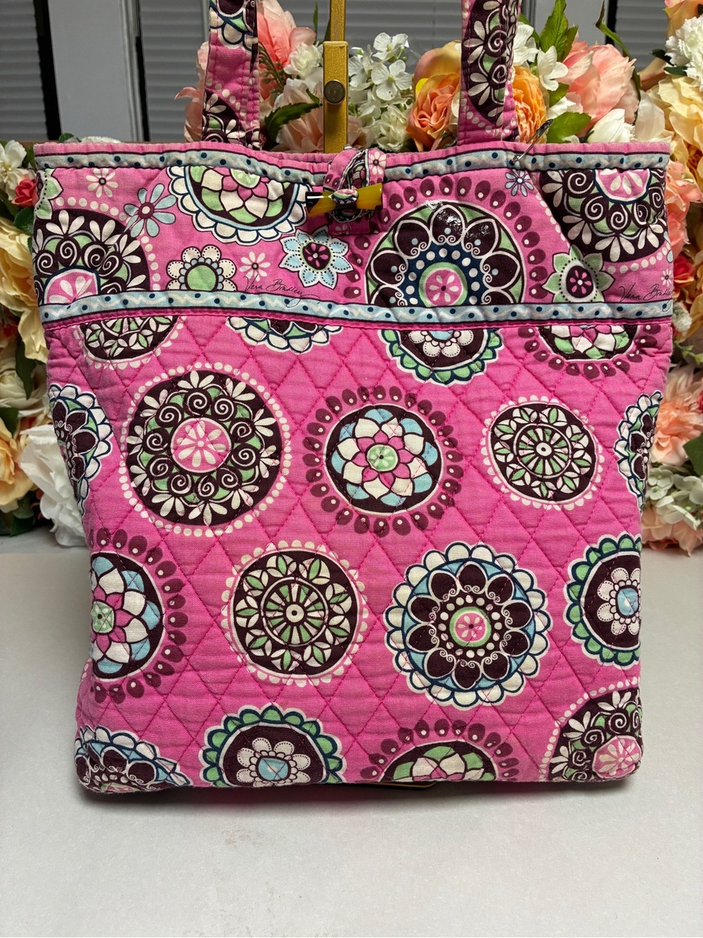 Vera Bradley Cupcakes Pink Toggle Tote Retired Quilted Cotton Y2K Shoulder Bag